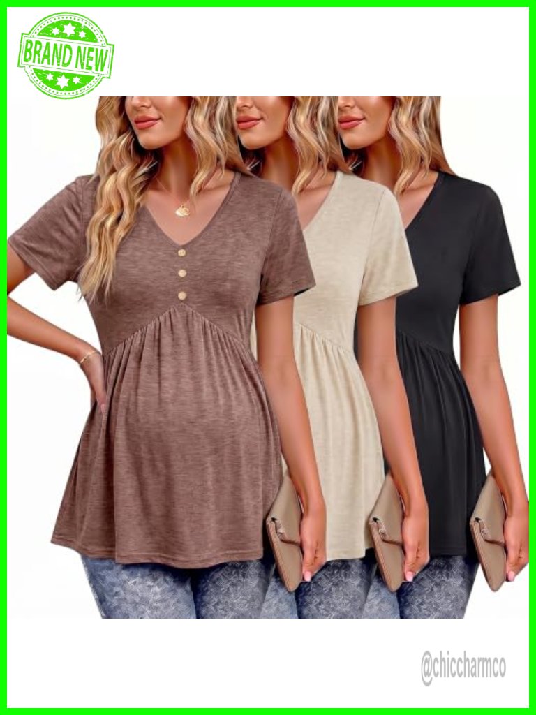 3-Pack Maternity Short Sleeve V-Neck Tunic Tops Flowy Blouse